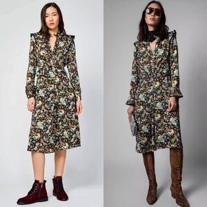 NEW‎ ZADIG VOLTAIRE Circus Print Long Sleeve Tie Cuff Ruffled Button Up Dress XS